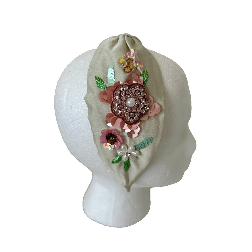 Powder Design Hand Embellished Floral Headband Sequin Bead Sage Pink Boho EUC